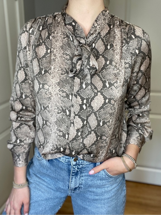 Stella & Dot Tops - Stella & Dot Taupe and Brown Snake-Print Tie-Neck Blouse